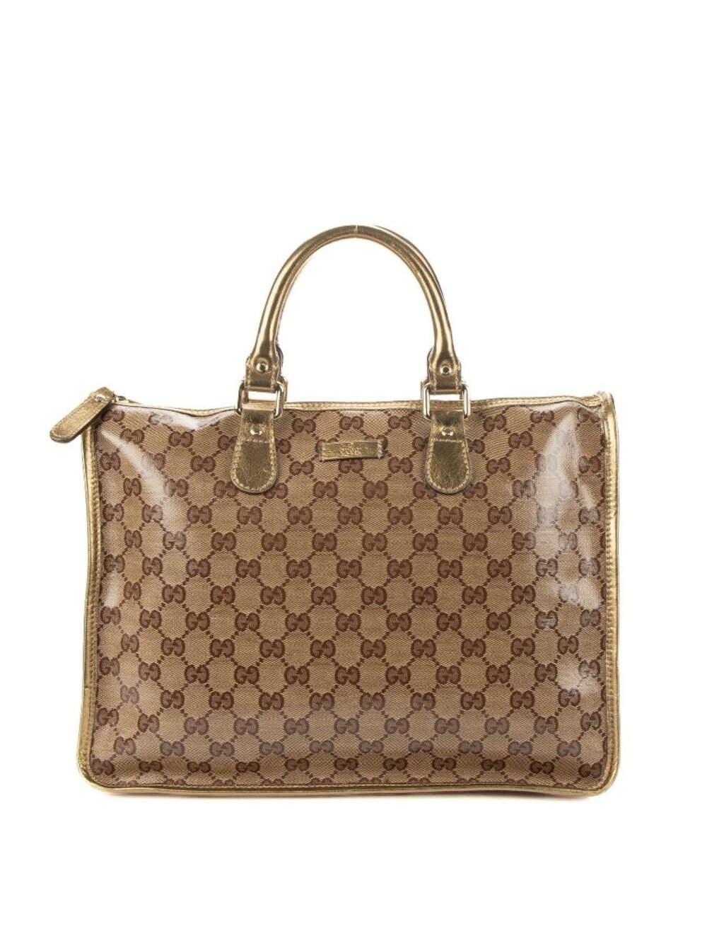 Gucci Vintage Tote Bag Beige Gold Crystal Monogram Patent Leather